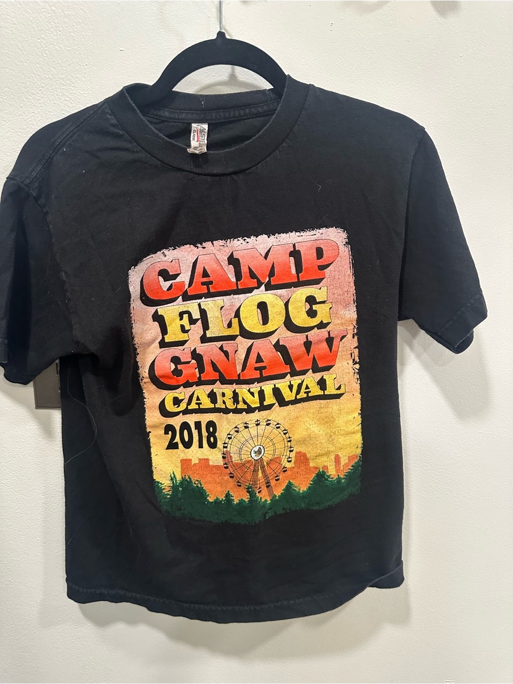 Alstyle Black Kids Tee with Orange Yellow Pink Carnival Graphic